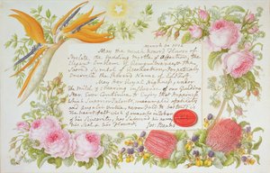 Un entourage de fleurs mélangées avec un message inscrit par Joseph Banks, 1814 - Francis Bauer